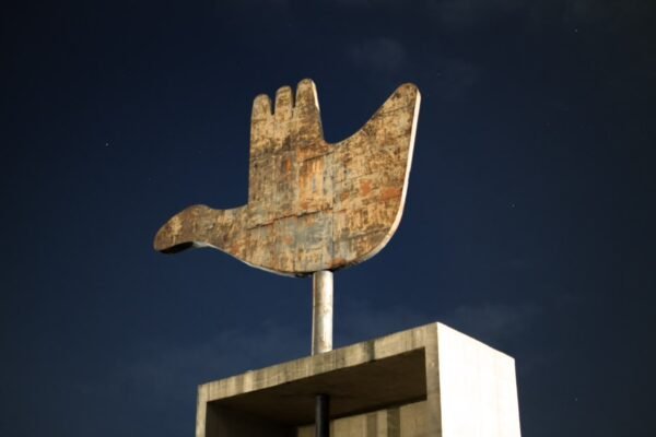 Chandigarh, India's Open Hand Monument in the late evening.